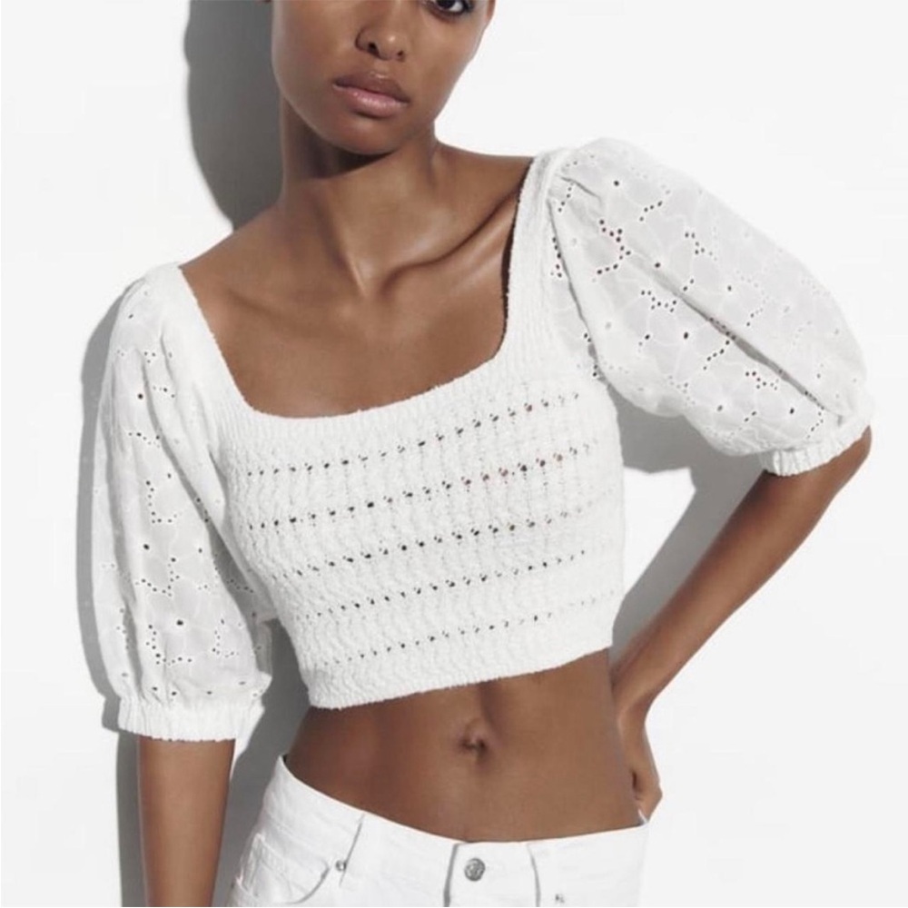 Zara Boho Embroidered White Crop Top. Large. NWT.